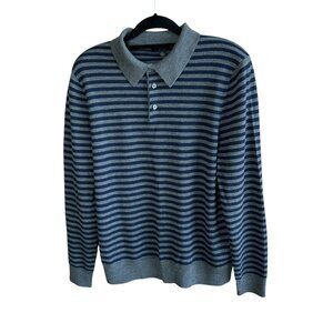 Brooks Brothers Men's Navy Blue Gray Striped Merino Wool Henley Sweater Polo